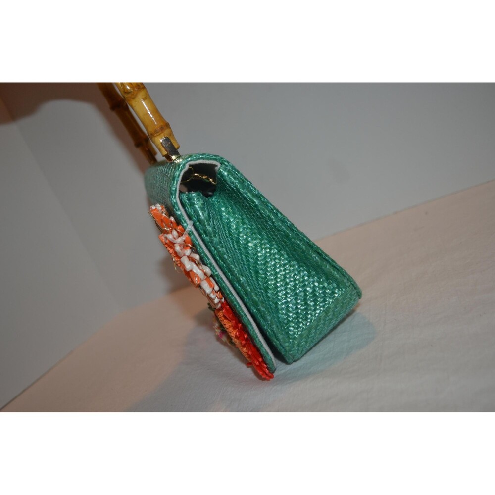 Bermuda Bag Vintage Green with Raffia Flowers Bamboo Handle with Chain Crossbody - Picture 4 of 5